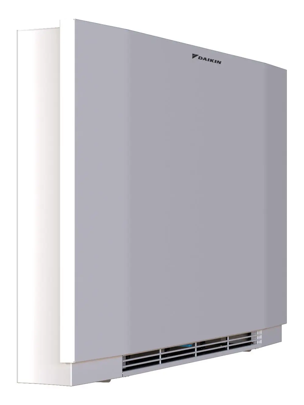 Weißer Wandkonvektor von Daikin mit glatter Oberfläche und Luftauslassschlitzen am unteren Rand, montiert an einer hellen Wand.